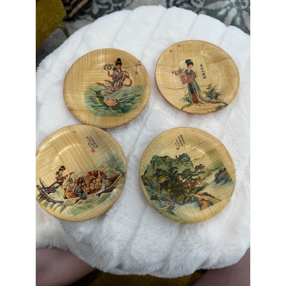 Vintage Bamboo Plates With Traditional women landscape Chinese Art made Taiwan